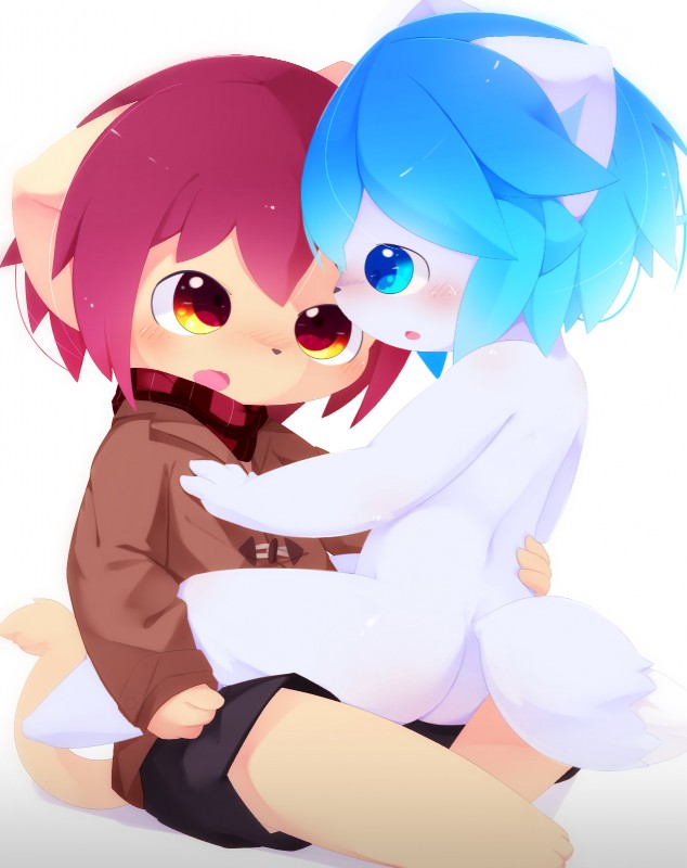 amber_eyes anthro black_bottomwear black_clothing black_shorts blue_body blue_eyes blue_fur blue_hair blush body_blush bottomwear butt clothed clothed/nude clothing duo eye_contact eye_glint fur hair hands_on_back hug kemono looking_at_another male male/male nude on_lap open_mouth red_hair scarf shorts simple_background sitting_on_lap tan_body tan_fur white_background aoino spica_(aoino) stella_(aoino) canid canine canis domestic_cat domestic_dog felid feline felis mammal digital_media_(artwork) hi_res shaded