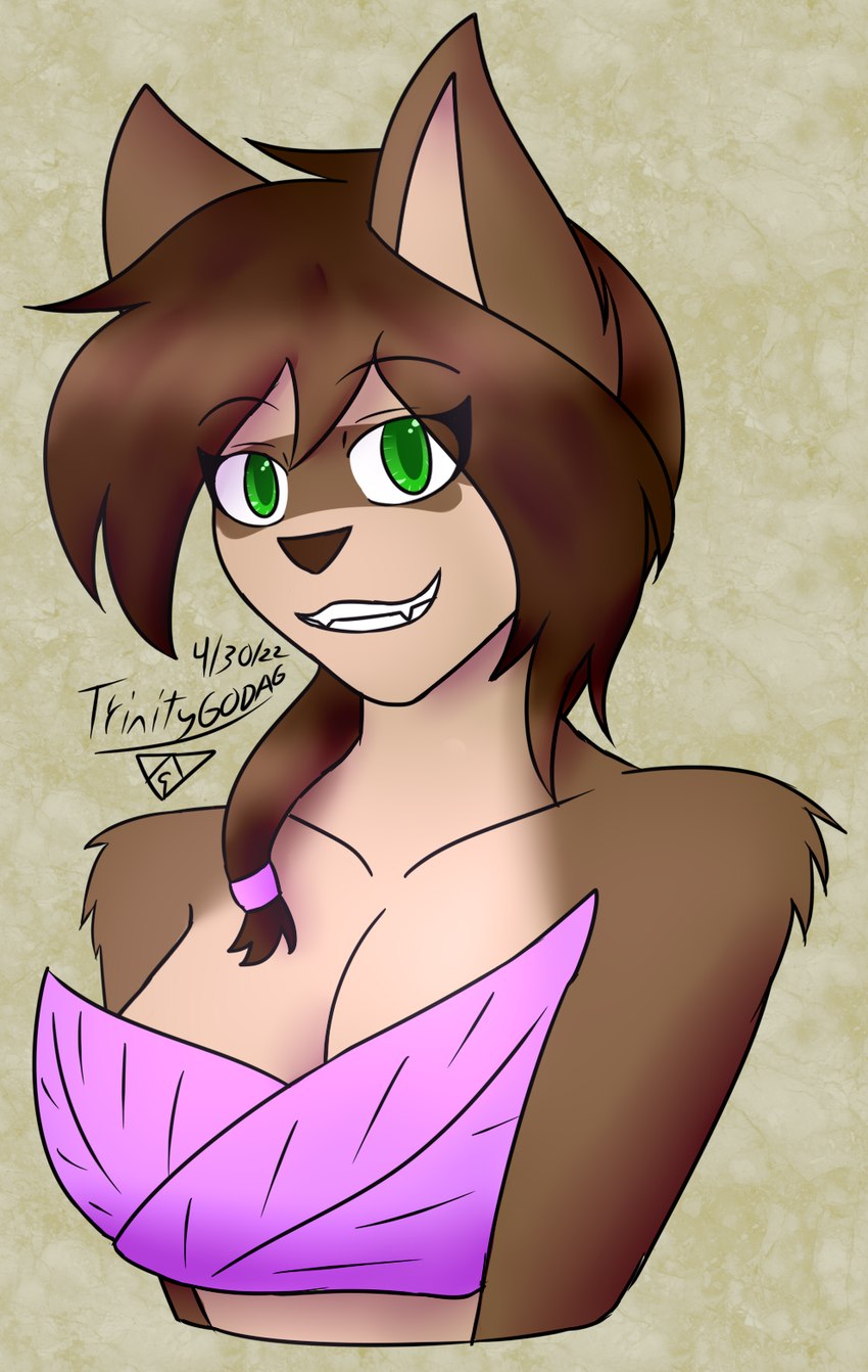 anthro breasts brown_body brown_fur brown_hair brown_nose cleavage clothed clothing facial_markings female fur green_eyes hair head_markings leaf_clothing markings mask_(marking) ponytail smile solo trinitygodag sada_(trinitygodag) canid canine canis fey mammal wolf 2022 bust_portrait digital_drawing_(artwork) digital_media_(artwork) hi_res portrait shaded signature