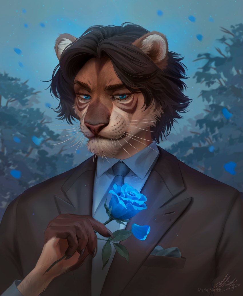 anthro black_clothing black_hair black_jacket black_topwear blue_clothing blue_eyes blue_necktie blue_rose blue_topwear brown_body brown_fur cheek_tuft chin_tuft clothed clothing eyelashes facial_tuft flower front_view fur glistening glistening_eyes hair holding_flower holding_object holding_rose jacket looking_aside male mouth_closed narrowed_eyes necktie outside plant rose_(flower) solo tan_body tan_fur topwear tree tuft whiskers marie_merkh felid lion mammal pantherine absurd_res bust_portrait hi_res portrait