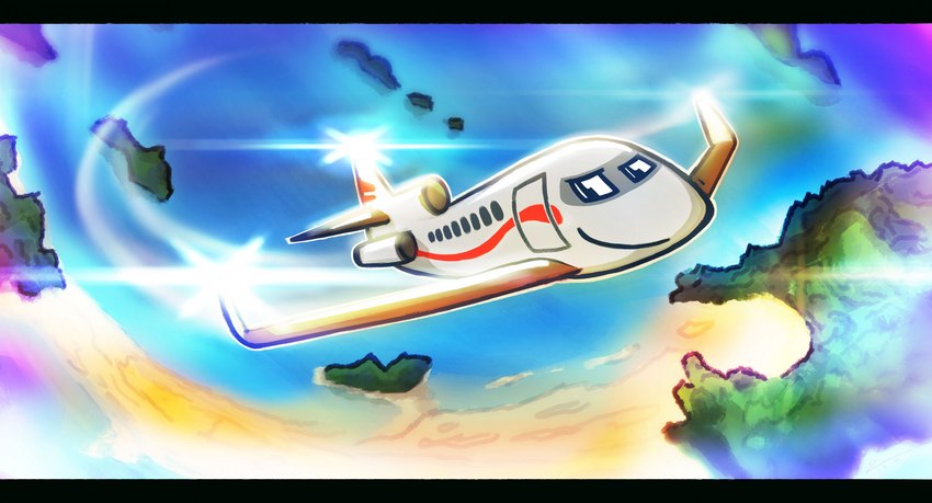 aircraft airplane ambiguous_gender beach dassault_falcon_900 feral jet lens_flare machine smile smirk solo tropical vehicle iveks dire_aircraft dire_machine dire_vehicle living_aircraft living_machine living_vehicle digital_media_(artwork) hi_res letterbox