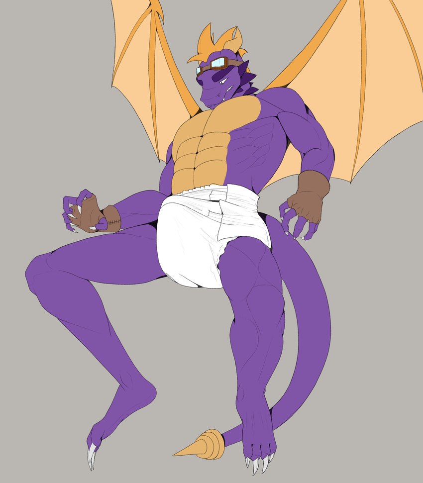 aged_up anthro anthrofied bulge clean_diaper clothed clothing diaper erection erection_in_diaper eyewear eyewear_on_head feet fingerless_gloves gloves goggles goggles_on_head handwear male membrane_(anatomy) membranous_wings muscular solo tail wearing_diaper wings lonegreenorcacalf activision mythology spyro_the_dragon balloonist_spyro spyro dragon mythological_creature mythological_scalie scalie absurd_res hi_res