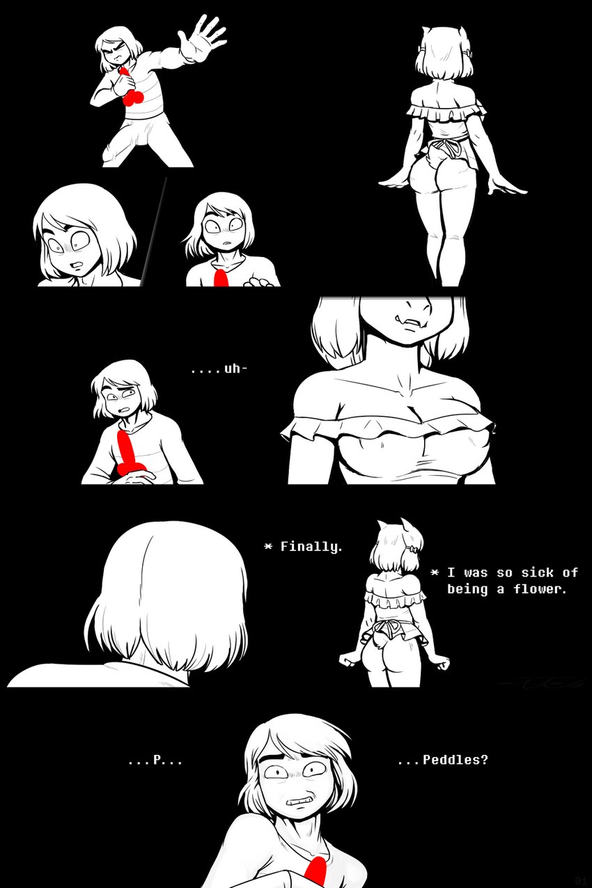 alternate_universe anthro bottomless bow_accessory breasts bulge butt clothed clothing crossgender dialogue duo eyes_closed female looking_away male obscured_face partially_clothed phallic text thewill under(her)tail undertale undertale_(series) angel_derear asriel_dreemurr frisk_(undertale) frisky_(under(her)tail) boss_monster_(undertale) bovid caprine goat human mammal monster comic hi_res