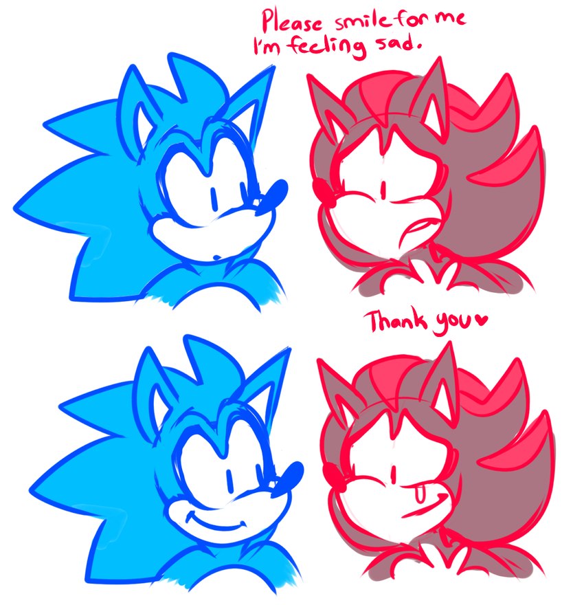 anthro black_body black_fur blue_body blue_fur blue_nose bodily_fluids crying dialogue duo frown frowning_at_another fur heart_symbol male male/male multicolored_body red_body red_fur red_nose requesting simple_background smile smiling_at_another smiling_at_each_other talking_to_another tears text thanking white_background white_body white_inner_ear white_skin beastofeuthanasia sega sonic_the_hedgehog_(series) shadow_the_hedgehog sonic_the_hedgehog eulipotyphlan hedgehog mammal 2019 colored_sketch digital_media_(artwork) english_text flat_colors sketch