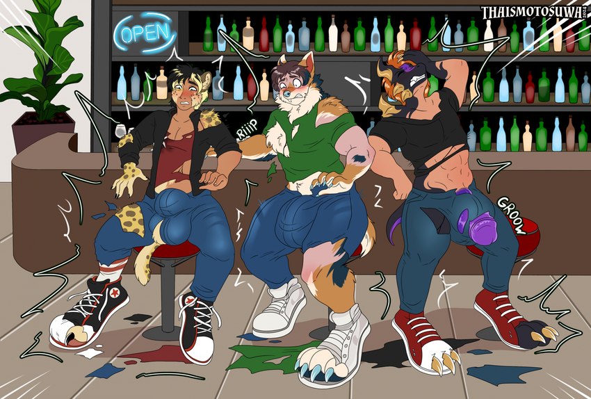 anthro bar bar_stool big_feet bursting_out_of_clothing feet furniture group male shoe_burst stool transformation trio conditional_dnp thaismotosuwa clumsysk8ter mandyroo xin_(lumar) human mammal hi_res