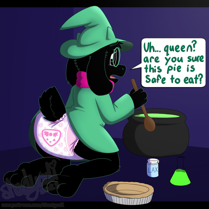 3_toes 4_fingers ambiguous_gender anthro black_body black_fur black_tail cauldron clean_diaper clothed clothing cutlery dialogue diaper eyewear feet fingers floppy_ears fur glasses green_clothing green_eyewear green_glasses green_hat green_headwear green_robe hat head_horn headgear headwear heart_symbol holding_spoon horn kitchen_utensils kneeling laxative looking_back open_mouth pie_tin pink_scarf potion potion_bottle robe scarf simple_background solo speech_bubble spoon tail text toes tools wearing_diaper wearing_glasses wizard_hat wooden_spoon worried shadyadi deltarune undertale_(series) ralsei bovid caprine darkner goat mammal 1:1 2023 artist_name english_text full-length_portrait hi_res letterbox portrait signature url male_(lore)