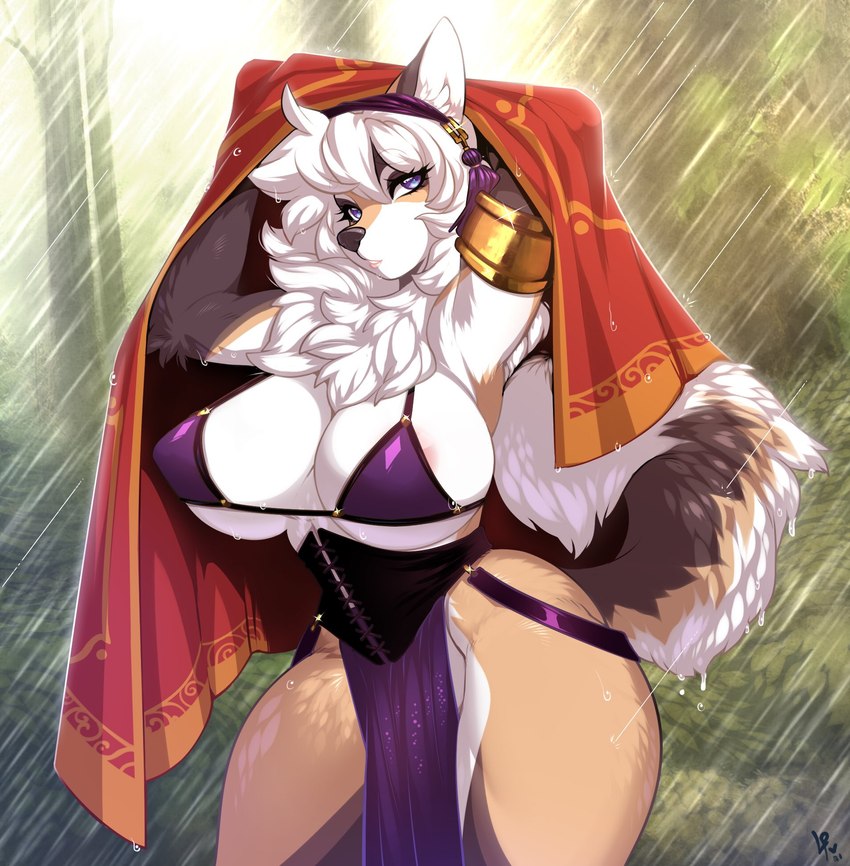 anthro big_breasts biped breasts countershade_face countershade_fur countershade_torso countershading female fur fur_tuft inner_ear_fluff raining solo tail tuft luckypan ingrid_(extremedash) alaskan_malamute canid canine canis domestic_dog mammal nordic_sled_dog spitz hi_res