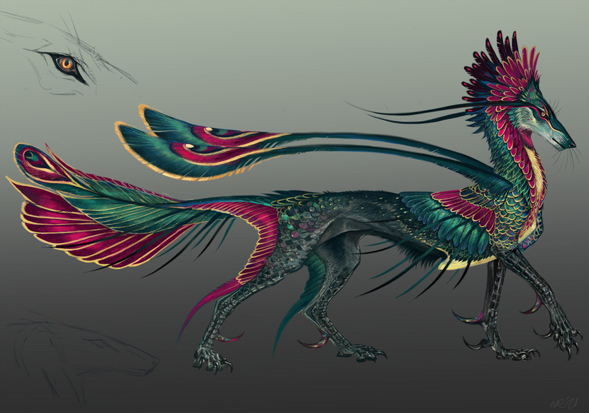 ambiguous_gender claws feathers feral fur green_body green_feathers multicolored_body multicolored_fur solo spikes spikes_(anatomy) spurs spurs_(anatomy) nukerooster feonix 2021 digital_media_(artwork)