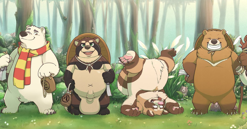 anthro balls belly big_balls brown_body brown_fur clothing detailed_background eyes_closed fur genitals group hat headgear headwear humanoid_hands male navel outside overweight overweight_male scarf white_body white_fur henjikotetsu bear canid canine mammal polar_bear raccoon_dog tanuki ursine 2020