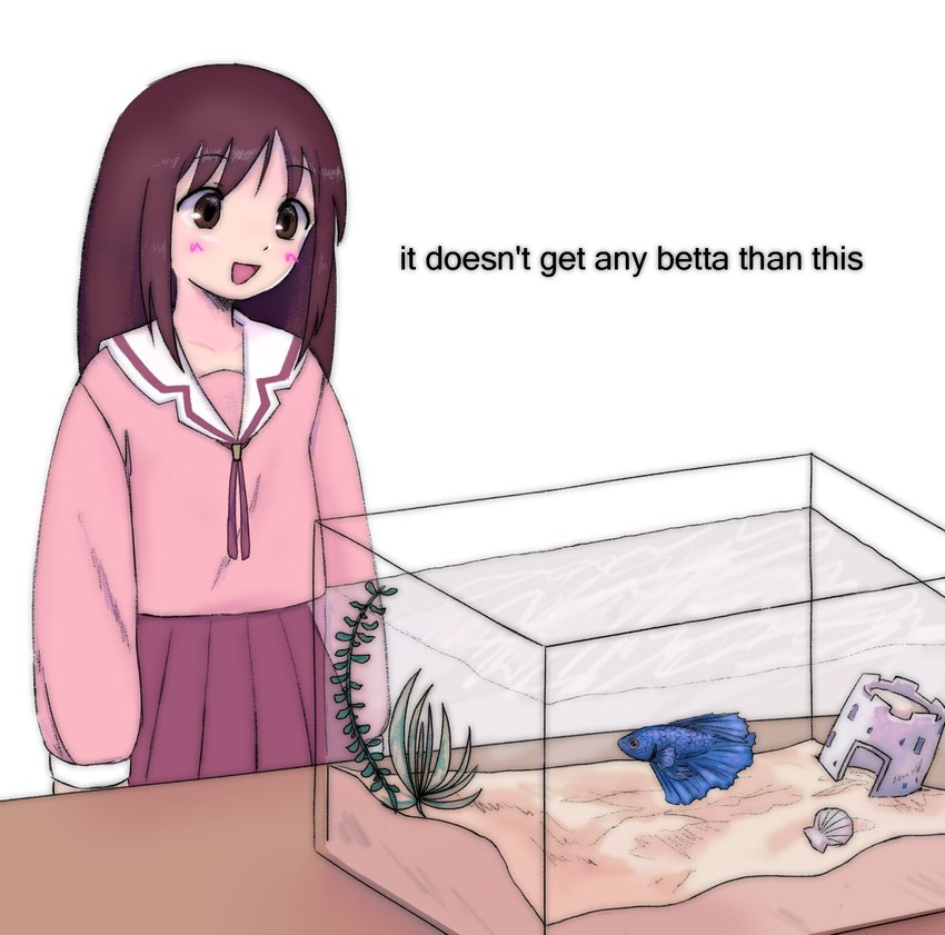 ambiguous_gender aquarium clothed clothing colored-in duo female feral fish_tank humor inadequate_aquarium pink_clothing pun simple_background text vivarium unknown_artist azumanga_daioh kasuga_ayumu betta_(genus) fish gourami human mammal marine siamese_fighting_fish english_text hi_res