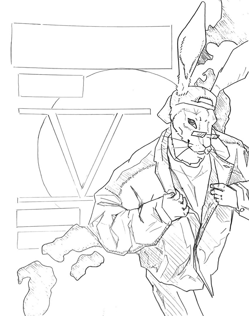 anthro backwards_hat clothed clothing eyewear fully_clothed glasses hat headgear headwear jacket japan looking_at_viewer male map roman_numeral smile smirk solo topwear bunpicker hare lagomorph leporid mammal black_and_white cover cover_art cover_page graphite_(artwork) hi_res line_art monochrome sketch traditional_media_(artwork) unfinished