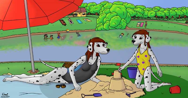 ambiguous_gender anthro beach_towel bucket clothing container duo_focus female flag group lake male on_towel parasol rake sand_castle sculpture shovel swimming swimwear text tools towel toy under_shade water water_ball young young_anthro kinaj anna_(kinaj) sophia_(kinaj) canid canine canis dalmatian domestic_dog mammal english_text hi_res