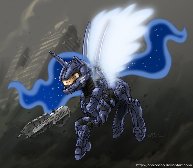 abstract_background ambiguous_gender armor blue_body blue_feathers blue_hair feathered_wings feathers feral gun hair horn quadruped ranged_weapon simple_background solo tail text weapon wings john_joseco friendship_is_magic halo_(series) hasbro microsoft my_little_pony mythology xbox_game_studios caboose princess_luna_(mlp) equid equine mammal mythological_creature mythological_equine winged_unicorn 2012 crossover url