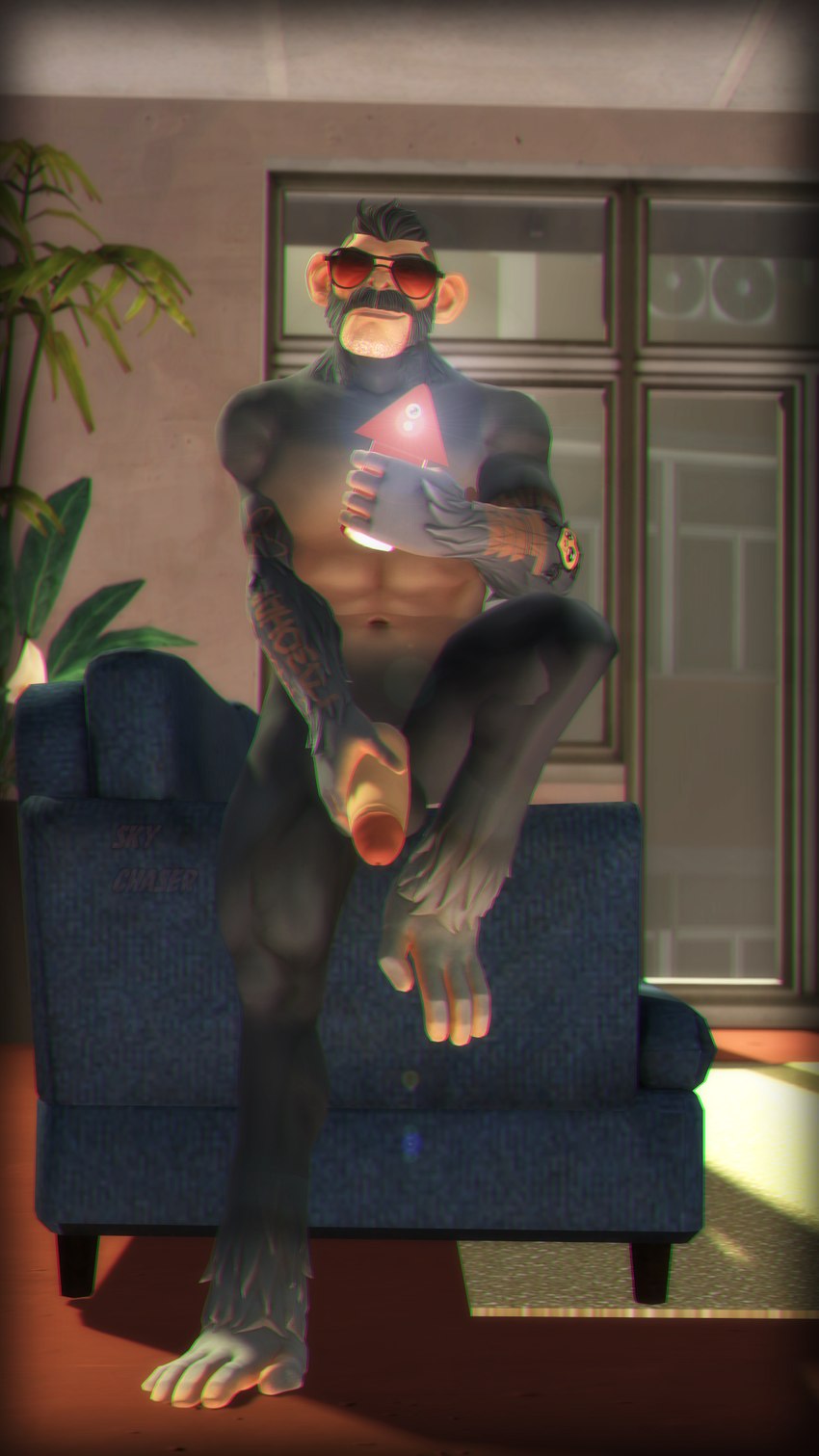 anthro cellphone electronics eyewear furniture genitals glasses hand_on_penis male mirror mirror_selfie nude penis phone selfie sofa solo taking_picture tattoo sky_chaser epic_games fortnite j.b._chimpanski ape chimpanzee haplorhine mammal pan_(genus) primate 3d_(artwork) chromatic_aberration digital_media_(artwork) hi_res source_filmmaker_(artwork)