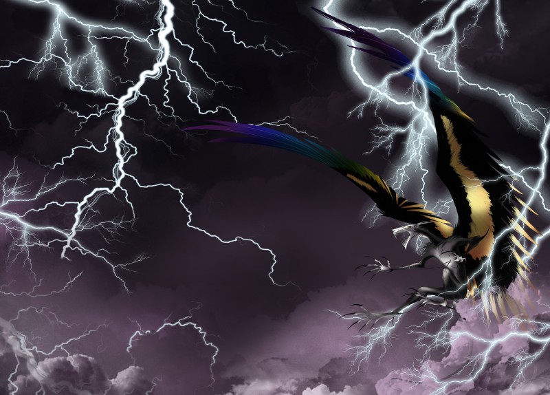 ambiguous_gender claws day detailed_background electricity feathered_wings feathers feral flying lightning open_mouth outside solo teeth wings grievousfan unknown_species 2019 absurd_res digital_media_(artwork) hi_res