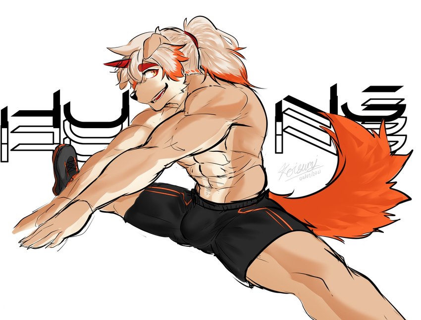 aerobics anthro bottomwear clothing fur hair horn long_hair looking_at_viewer male muscular muscular_anthro muscular_male orange_hair orange_tail shorts solo tail tan_body tan_fur white_hair yellow_body yellow_fur yummi_yam_i arknights hypergryph studio_montagne hung_(arknights) canid canine canis domestic_dog mammal 2021 hi_res