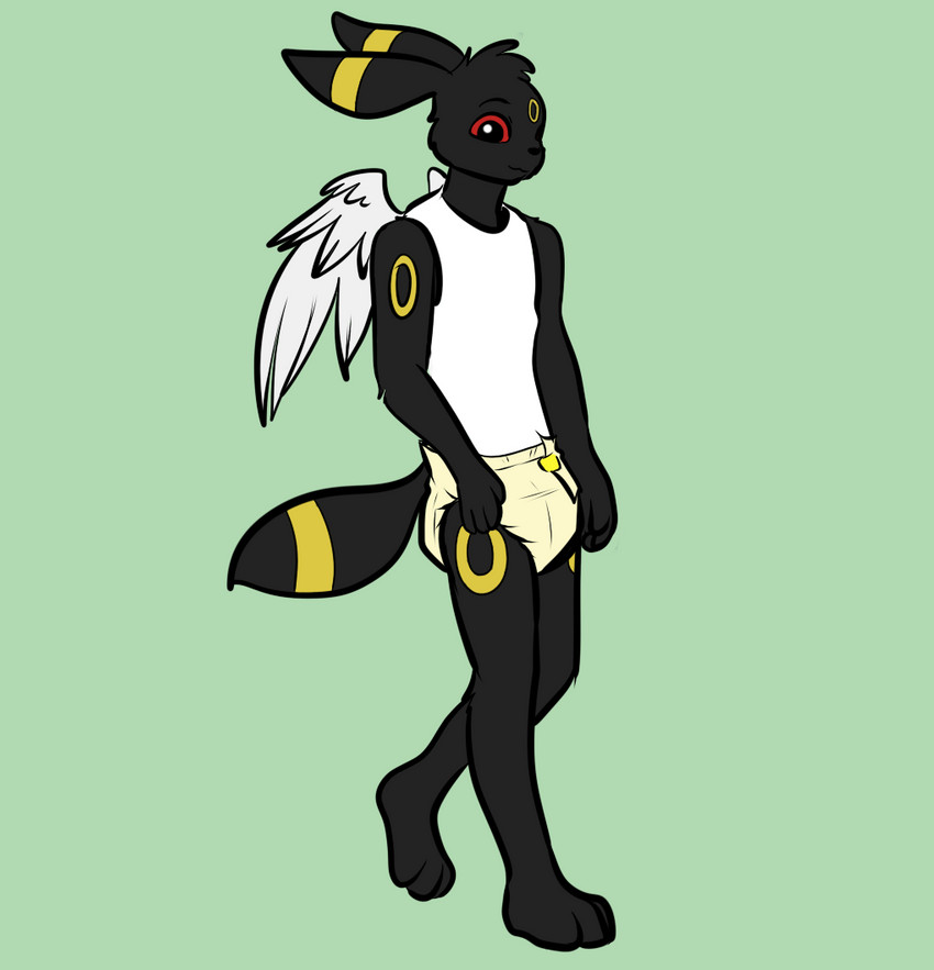 anthro anthrofied black_body black_fur clean_diaper clothed clothing diaper fur male pokemorph red_eyes rings_on_arms rings_on_ears shirt simple_background solo tank_top topwear wearing_diaper wings yellow_diaper babystar nintendo pokemon jared_mckano_(character) eeveelution generation_2_pokemon pokemon_(species) umbreon digital_media_(artwork)