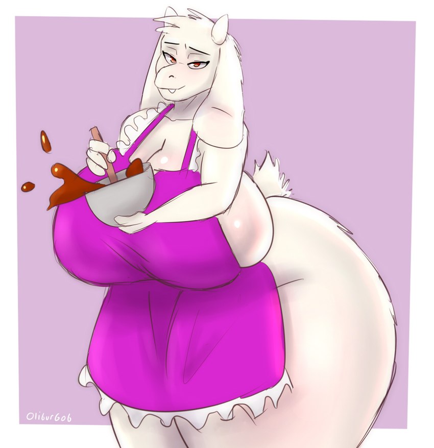 anthro apron apron_only baking bedroom_eyes big_breasts big_butt breasts butt clothing cooking female huge_breasts huge_butt looking_at_viewer narrowed_eyes seductive solo thick_thighs wide_hips oliburgob undertale_(series) toriel bovid caprine goat mammal hi_res