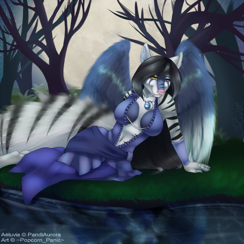 anthro big_breasts bottomwear breasts clothing dress feathered_wings feathers female fur fur_markings grass heterochromia inner_boob jewelry markings moon pendant plant priest skirt solo tree water wings jackalope_(artist) aeluvia_(pandiaurora) canid canine canis mammal wolf 1:1