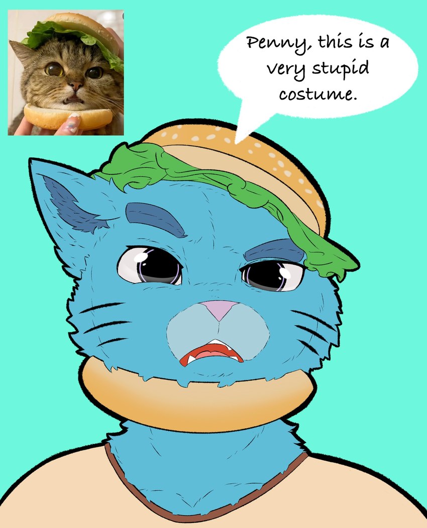 anthro blue_body blue_eyes blue_fur dialogue food_costume front_view fur male real simple_background solo text d_geazz cartoon_network the_amazing_world_of_gumball gumball_watterson domestic_cat felid feline felis mammal absurd_res bust_portrait english_text hi_res portrait