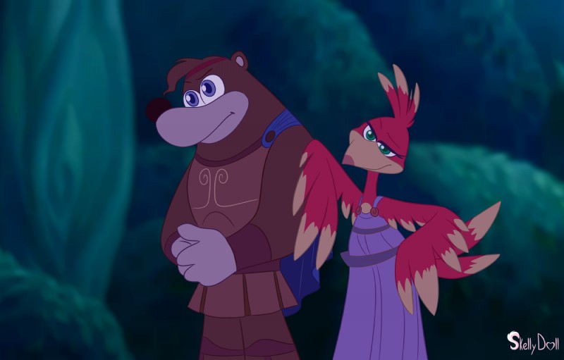 armor blue_eyes brown_body brown_fur cape clothing dress duo eyelashes feathers female fur green_eyes male red_body red_feathers skelly_doll banjo-kazooie disney disney's_hercules rareware banjo_(banjo-kazooie) hercules_(disney) kazooie megara avian bear breegull brown_bear mammal ursine 2019 crossover hi_res