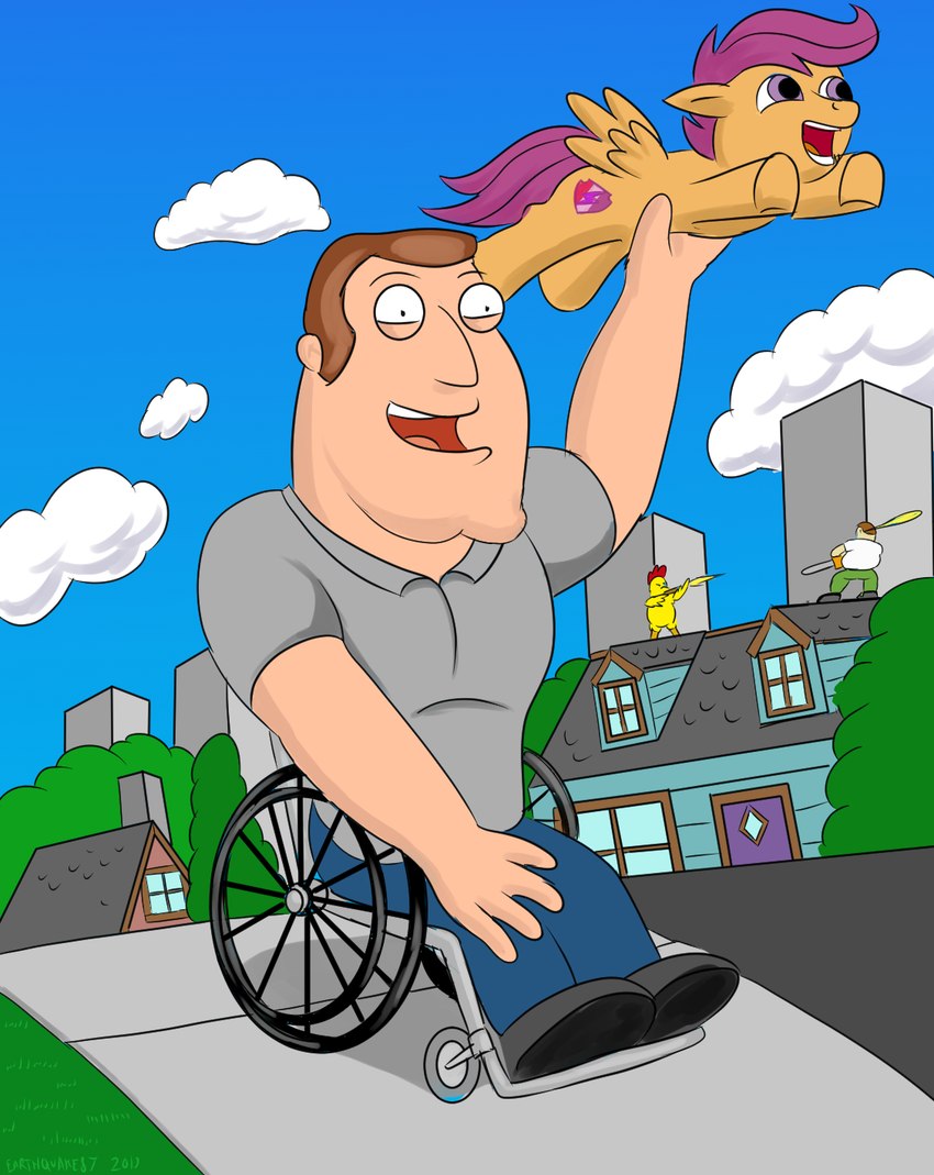 blue_sky building clothing cloud cloudy_sky female grass group house male plant purple_eyes shirt shooting sky topwear vehicle wheelchair white_clothing white_shirt white_topwear wings earthquake87 family_guy friendship_is_magic hasbro my_little_pony mythology ernie_the_giant_chicken joe_swanson peter_griffin scootaloo_(mlp) avian bird chicken equid equine galliform gallus_(genus) horse human mammal mythological_creature mythological_equine pegasus phasianid pony 2019 hi_res