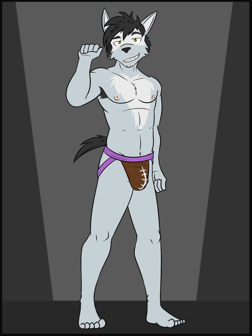 abstract_background anthro armpit_hair athletic black_border body_hair border bulge clothed clothing jockstrap jockstrap_only male navel nipples solo topless underwear underwear_only fuze duke_(fuze) canid canine canis mammal wolf 3:4 full-length_portrait hi_res portrait