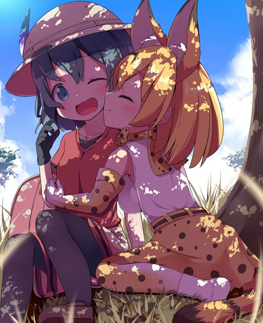 adolescent backpack blush bottomwear clothed clothing duo feathers female female/female footwear gloves handwear hat headgear headwear hug shoes skirt sky socks tail tail_under_skirt under_tree young makuran kemono_friends kaban-chan serval-chan felid feline human mammal serval hi_res