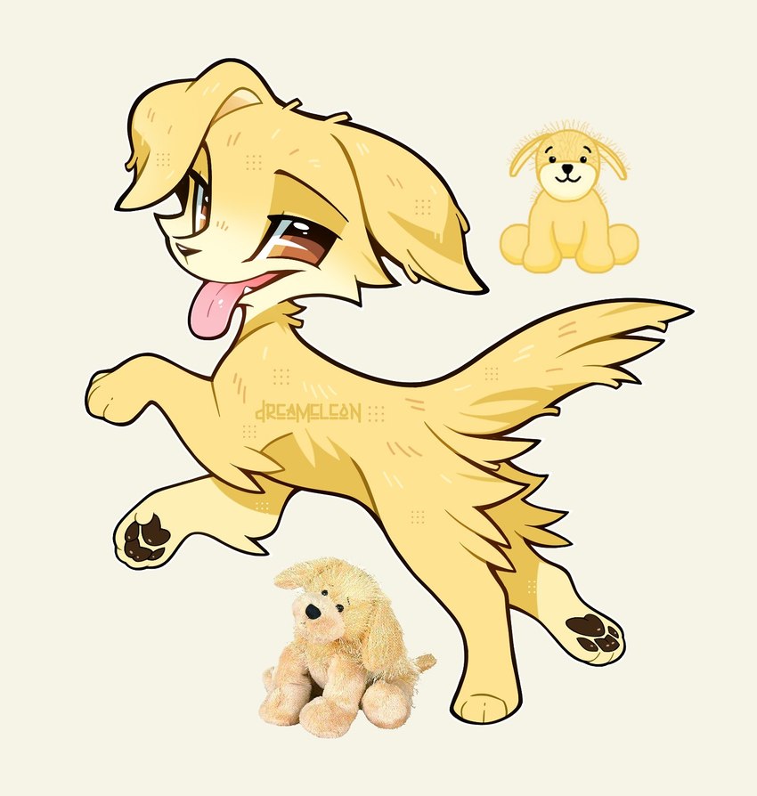 ambiguous_gender black_nose black_pawpads brown_eyes digitigrade eyebrows feral floppy_ears fur grey_background looking_at_viewer pawpads paws pink_tongue plushie raised_tail real simple_background smile solo tail tongue tongue_out yellow_body yellow_fur dreameleon webkinz bird_dog canid canine canis domestic_dog golden_retriever hunting_dog mammal retriever 2024 cel_shading digital_drawing_(artwork) digital_media_(artwork) full-length_portrait hi_res portrait reference_image shaded