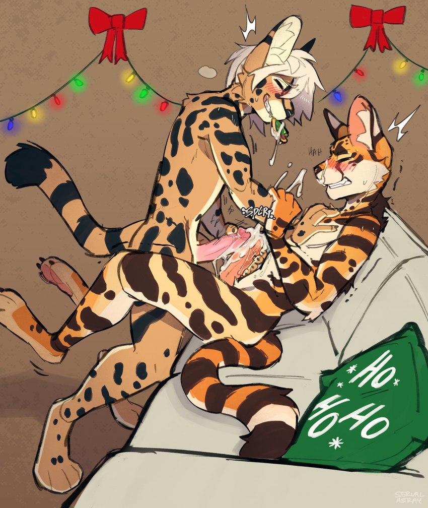 anthro black_body black_fur black_spots blush bodily_fluids christmas_cookies christmas_decorations christmas_lights cookie cum cum_on_face cum_on_food cum_on_own_face cum_on_own_penis cum_on_penis cum_on_self digitigrade dominant dominant_male duo food frottage fur furniture genital_fluids genitals gradient_fur hair hand_on_chest hand_on_penis holidays humanoid_genitalia humanoid_penis male male/male markings nude on_sofa onomatopoeia orange_body orange_fur orgasm penile penile_spines penis sex simple_background simultaneous_orgasms sitting smile sofa sound_effects spots spotted_body spotted_fur standing submissive submissive_male tail tan_body tan_fur text white_body white_fur white_hair strayserval christmas mac_(mono090) olezka_(sausysandwich) felid feline leptailurus_(genus) mammal serval hi_res