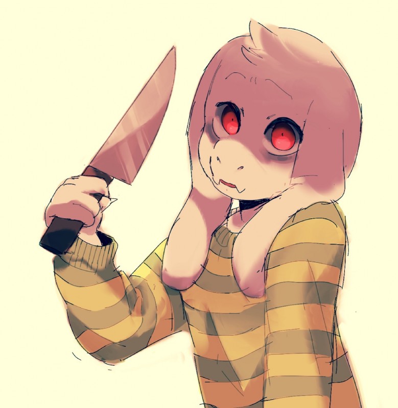 ambiguous_gender anthro clothed clothing fur head_tuft knife long_ears red_eyes simple_background solo sweater topwear tuft white_background white_body white_fur yandere luxjii undertale undertale_(series) asriel_dreemurr boss_monster_(undertale) bovid caprine goat mammal digital_media_(artwork) hi_res