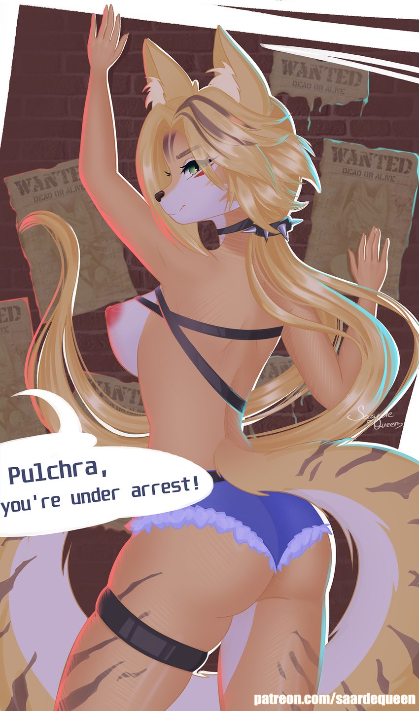 anthro big_breasts blonde_hair bottomwear breasts butt clothing ears_up female fur green_eyes hair hands_up inner_ear_fluff long_hair looking_at_viewer multicolored_body multicolored_fur narrowed_eyes nipples ponytail red_nipples seductive shorts solo tail text tuft white_body white_fur yellow_body yellow_fur saardequeen mihoyo zenless_zone_zero pulchra_fellini felid feline mammal thiren english_text hi_res url