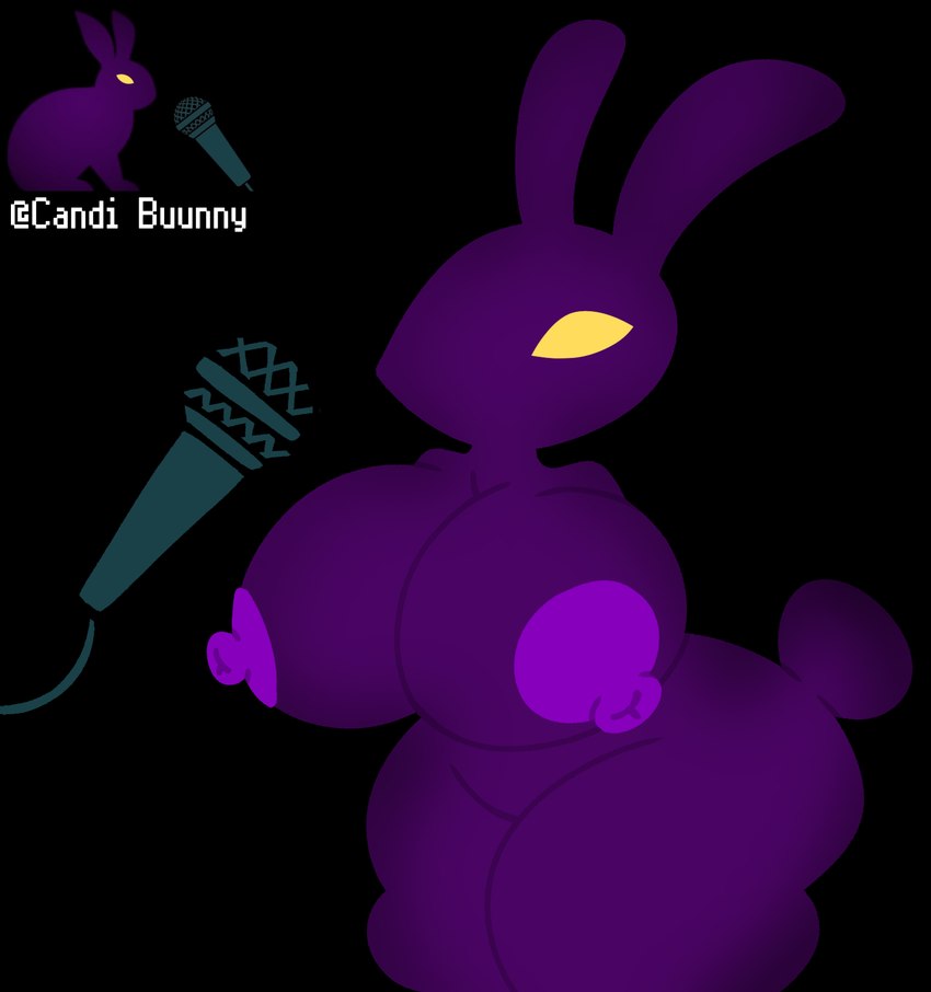 anthro big_breasts black_background breasts electronics female fur microphone nipples purple_body scut_tail short_tail simple_background solo tail thick_thighs yellow_eyes youtuber skeletonhearts five_nights_at_freddy's scottgames youtube candi_buunny_(youtuber) lagomorph leporid mammal rabbit 2024 digital_media_(artwork) hi_res