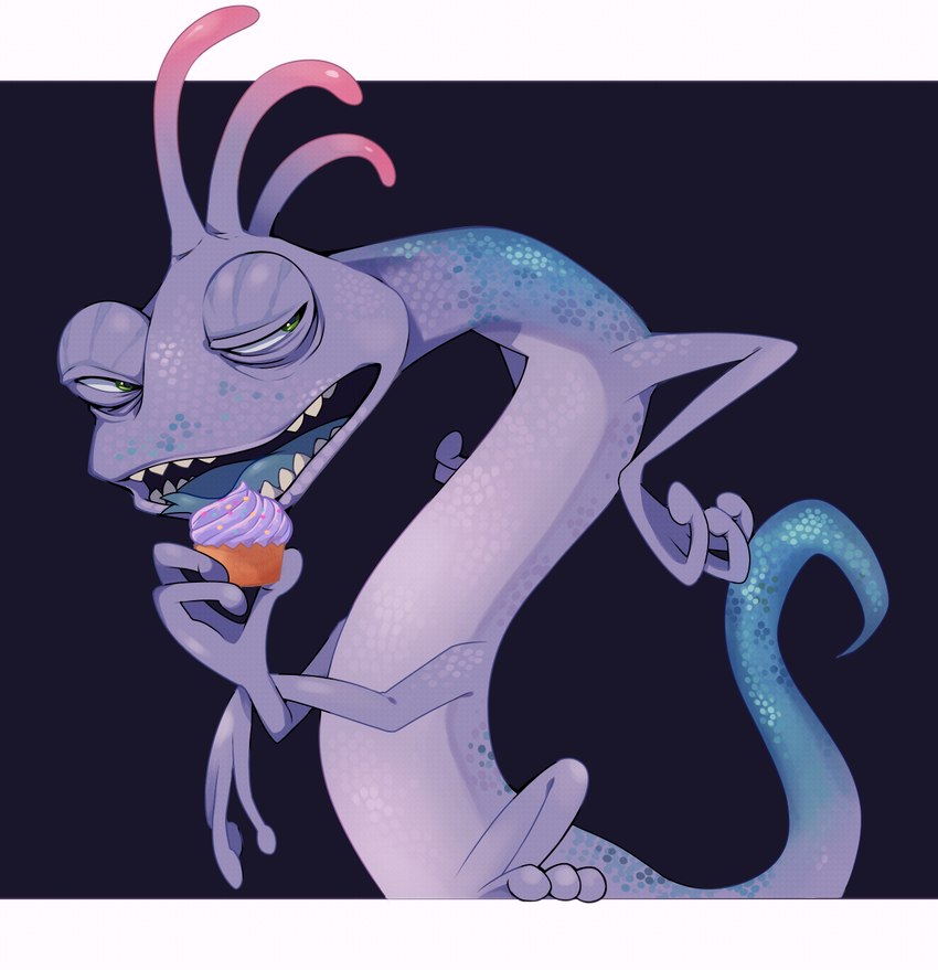 blue_body blue_scales blue_tongue cupcake eating eating_food food forked_tongue hands_on_hips male markings narrowed_eyes pink_markings purple_body purple_scales scales sharp_teeth solo teeth tongue ichthy0stega disney monsters_inc pixar randall_boggs chameleon lizard monster reptile scalie hi_res