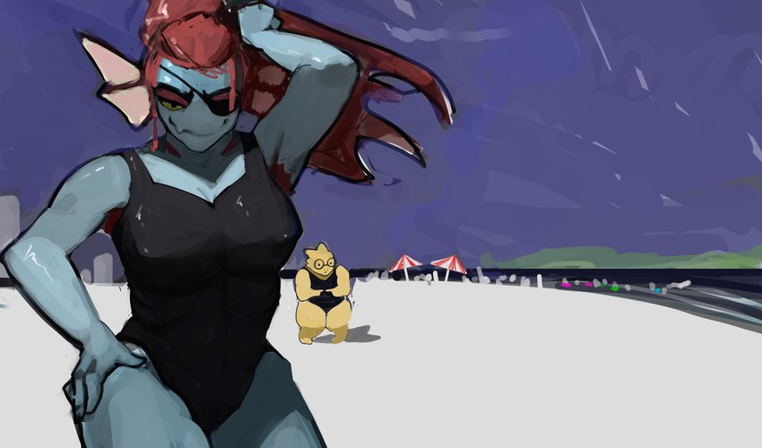 anthro armpit_hair beach black_one-piece_swimsuit blue_body blue_scales body_hair clothing duo eye_patch eyewear female glasses hair looking_at_viewer one-piece_swimsuit red_hair scales smile smiling_at_viewer swimwear yellow_body yellow_scales stopych undertale undertale_(series) alphys undyne fish marine reptile scalie 2024 absurd_res hi_res