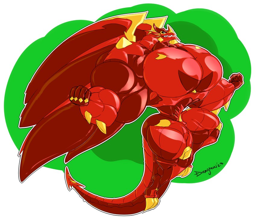 abstract_background anthro big_muscles big_pecs dark_markings featureless_crotch fist huge_muscles huge_pecs hyper hyper_biceps hyper_muscles hyper_pecs male markings muscular muscular_anthro muscular_male pecs red_body side_view solo tail wings dragmon bakugan mythology drago dragon mythological_creature mythological_scalie scalie 2023 digital_media_(artwork) hi_res