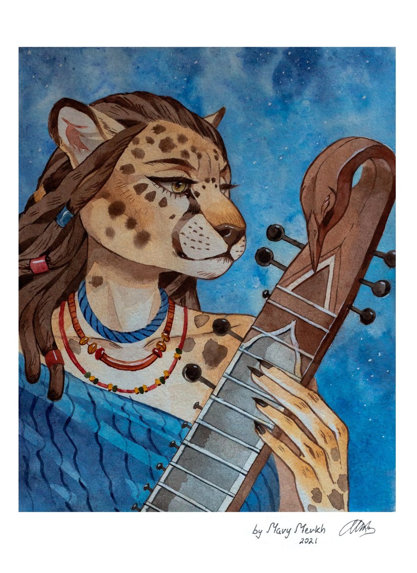 anthro blue_clothing blue_topwear border brown_hair clothed clothing dreadlocks eyelashes female fur hair holding_musical_instrument holding_object markings mouth_closed musical_instrument narrowed_eyes orange_body orange_fur playing_music solo spots spotted_body spotted_fur topwear white_body white_border white_fur yellow_eyes marie_merkh felid mammal 2021 absurd_res bust_portrait dated hi_res portrait signature traditional_media_(artwork)