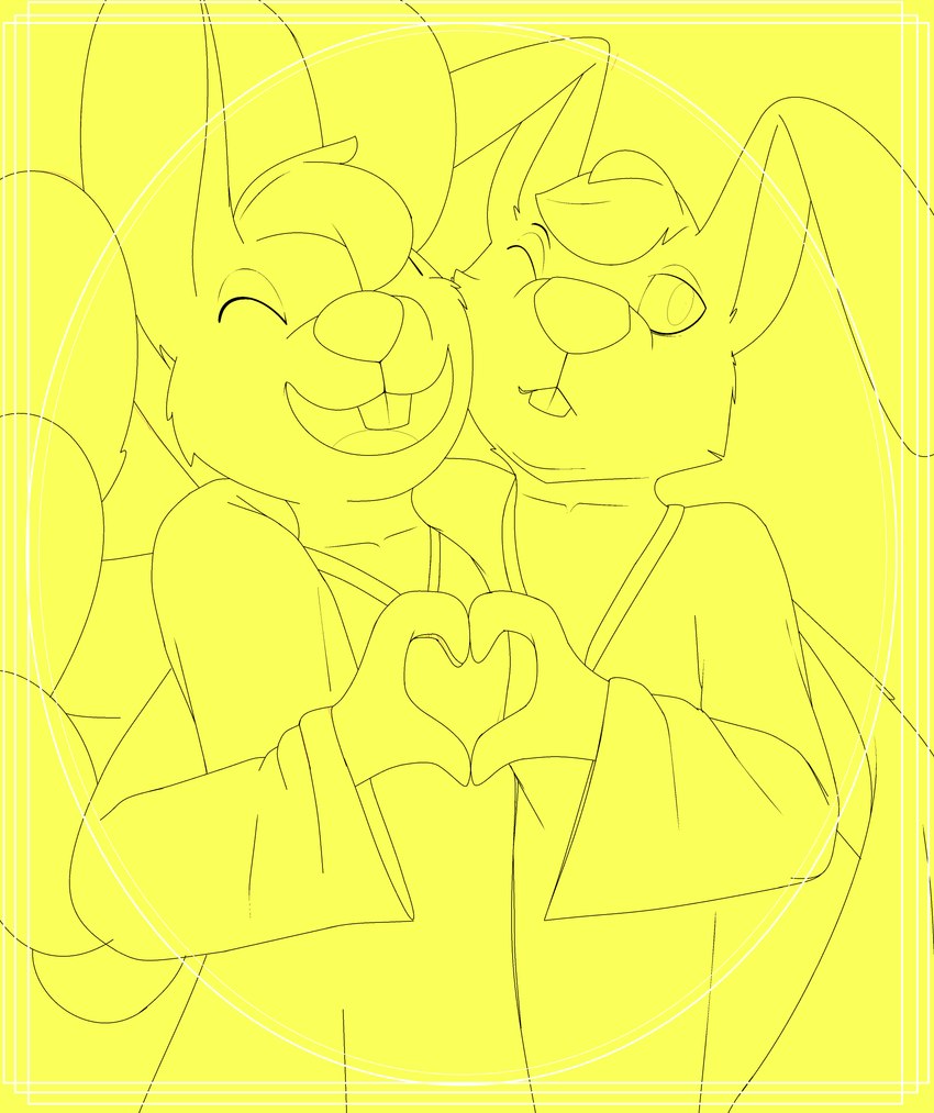 anthro arm_around_shoulders duo feathered_wings feathers female gesture hand_heart hug male romantic romantic_couple simple_background smile wings yellow_background jaylus_t_meowstic angel_hare the_east_patch angel_gabby angel_zaggy angel angel_hare_(the_east_patch) hare lagomorph leporid mammal rabbit absurd_res hi_res tagme