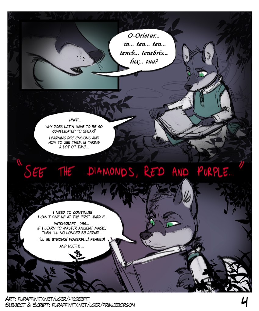 anthro book claws dialogue dream fangs female focused green_eyes leaf learning magic_user medieval medieval_clothing nightmare plant reading riddle solo tail teeth text witch worried hisseefit bible redwall tales_from_valmeridia silva_vernalis canid canine fox mammal 5:6 comic english_text hi_res latin_text sketch_page story story_in_description translated url young_(lore)