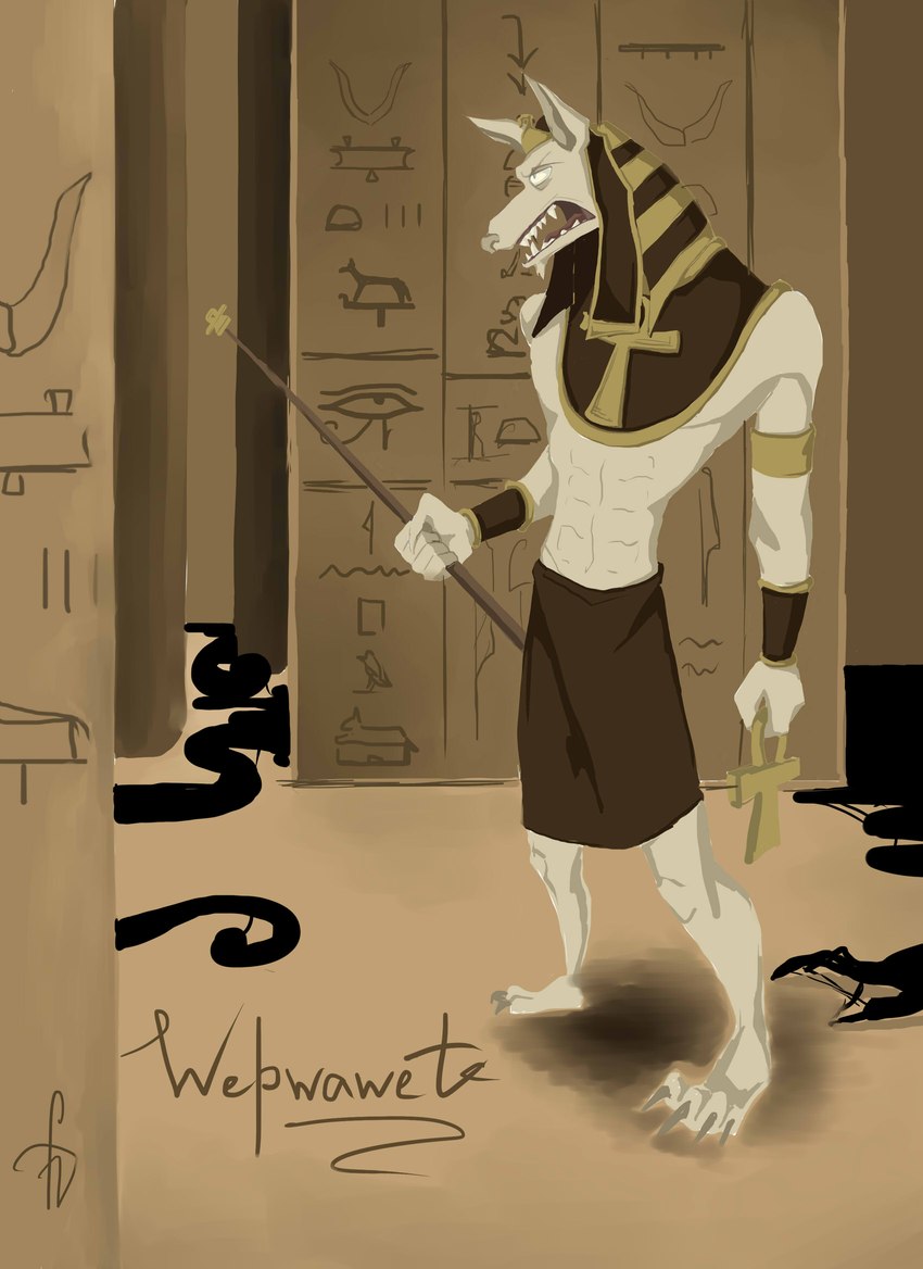 abs ankh anthro bottomwear claws clothing egyptian grey_claws grey_nose headdress hieroglyphics inside looking_aside male open_mouth skirt solo staff standing teeth white_body hodyfuhrer wepwawet anubian_jackal canid canine canis jackal mammal absurd_res hi_res