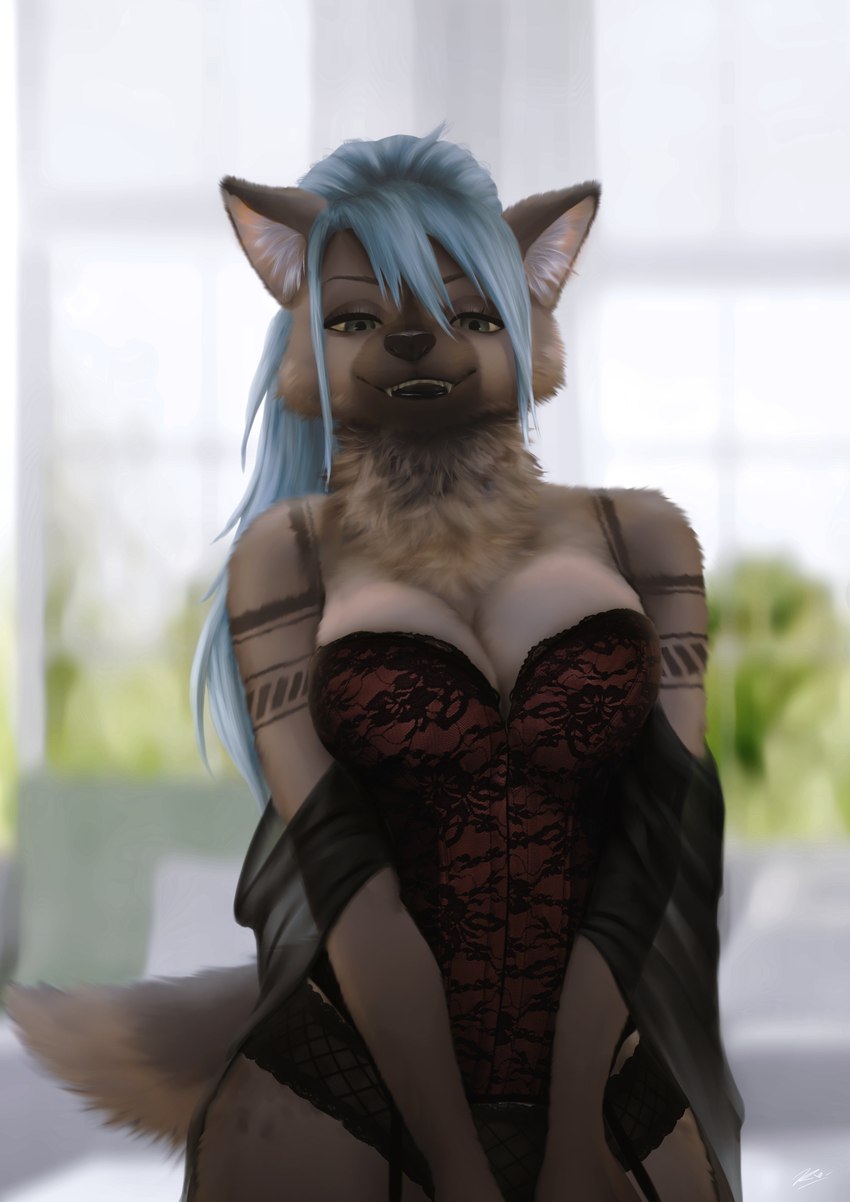 anthro black_nose blue_hair blurred_background breasts brown_body brown_fur cheek_tuft clothing corset eyebrows eyelashes facial_tuft fangs female fluffy front_view fur fur_markings garter_straps hair inner_ear_fluff lingerie long_hair looking_at_viewer markings narrowed_eyes neck_tuft open_mouth panties solo spots spotted_body spotted_fur standing teeth topwear translucent translucent_clothing tuft underwear stockinger jasmine_(riley) hyena mammal spotted_hyena 2023 absurd_res digital_media_(artwork) hi_res signature