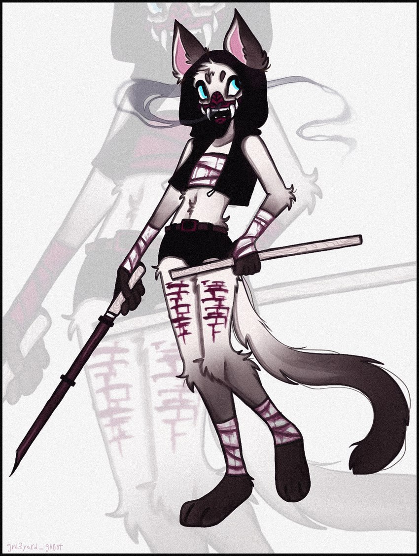 anthro bandage_wraps blood blood_on_bandage blue_eyes bodily_fluids clothed clothing fur holding_katana holding_melee_weapon holding_object holding_sword holding_weapon katana male mask melee_weapon noh_mask oni_mask scar self-harm self-harm_scars simple_background smoke smoke_from_nose sword weapon wounded grav3yard_gh0st clover_(alexxllx) domestic_cat felid feline felis mammal digital_media_(artwork) hi_res