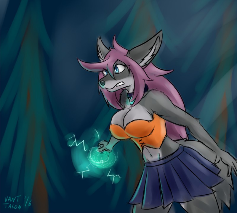 anthro blue_eyes bottomwear breasts cleavage clenched_teeth clothed clothing corset electricity energy energy_ball female forest fur grey_body grey_fur hair lingerie navel plant purple_hair skirt solo teeth topwear tree vant_talon nova_casperia canid canine canis mammal wolf sketch