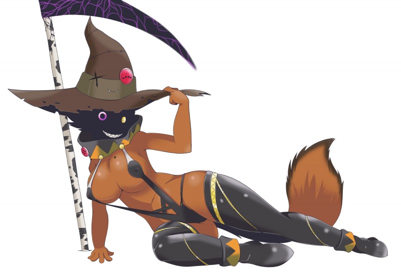 big_breasts bikini breasts brown_body brown_fur clothed clothing female fluffy fluffy_tail fur hat headgear headwear heterochromia hidden_face latex looking_at_viewer magic_user melee_weapon one-piece_swimsuit pink_eyes polearm scythe skimpy sling_bikini solo staff swimwear tail two-piece_swimsuit weapon witch witch_hat yellow_eyes tohtori_crow eve_(tohtoricrow) hallow_the_hat animate_inanimate domestic_cat felid feline felis mammal hi_res