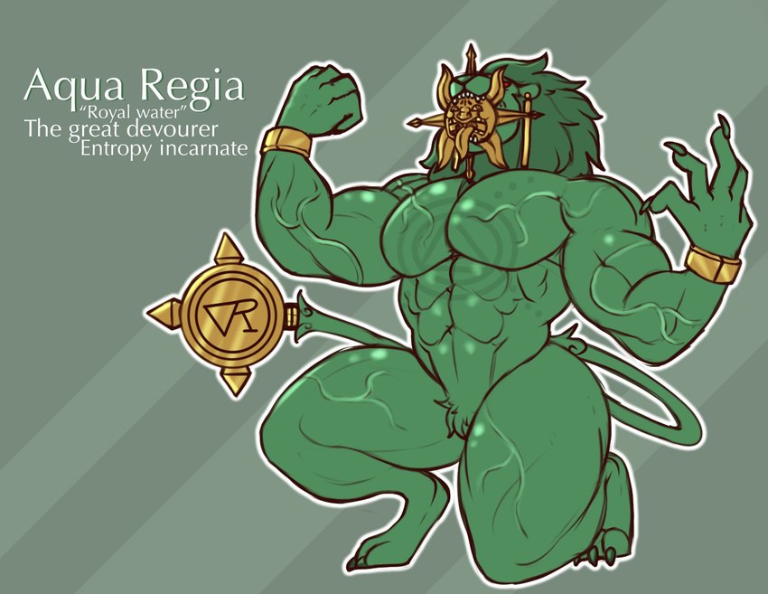 alchemical_symbol ambiguous_gender anthro big_breasts bracelet breasts claws digitigrade ear_piercing fangs featureless_chest featureless_crotch flexing flexing_muscles fur gold_(metal) green_body green_fur jewelry muscular muscular_anthro muscular_thighs paws piercing pose sharp_teeth solo sun_symbol symbol tail teeth thick_thighs vein veiny_muscles wide_hips nbusagi renzaku693 fan_character felid lion mammal pantherine hi_res