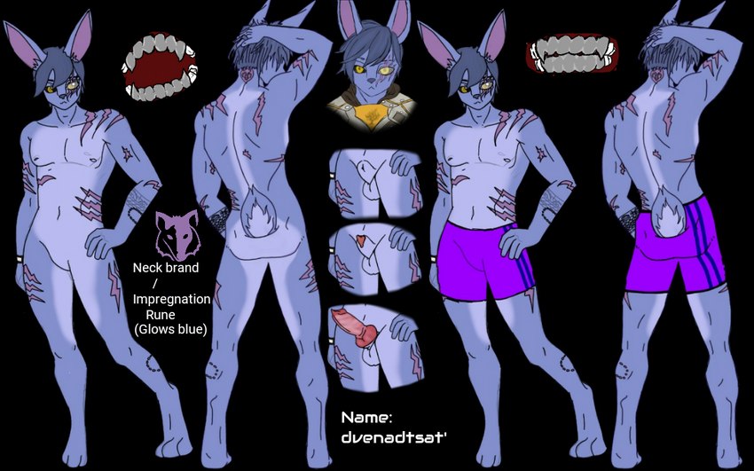 animal_genitalia animal_penis anthro balls biped black_sclera blue_body blue_fur bottomwear butt canine_genitalia canine_penis clothed clothing dvenadtsat erection eye_scar facial_scar fully_sheathed fur genitals hair hand_on_head knot looking_at_viewer male male_penetrating metal_teeth nipples nude penetration penile penis penis_tip scar scut_tail sheath short_tail shorts simple_background smile solo spandex spandex_shorts standing tail teeth text tight_bottomwear tight_clothing tight_shorts yellow_eyes dvenadtsat_(character) hare lagomorph leporid mammal rabbit 16:10 digital_media_(artwork) english_text model_sheet widescreen