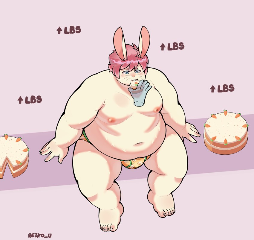 anthro belly belly_overhang belly_rolls blush blush_lines bulge cake carrot_cake carrot_cake_costume clothing dessert disembodied_hand duo eating eating_food feederism food force_feeding forced fur ghost_hand group hair high-angle_view kemono male moobs navel nipples overweight overweight_anthro overweight_male pastry pink_hair simple_background sitting sitting_on_ground solo_focus thick_thighs underwear wedgie weight_gain white_body white_fur yellow_background reiko_u joshie_(calahootheyeen) lagomorph leporid mammal rabbit 2025 hi_res