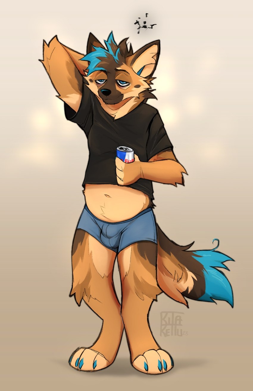 anthro balls_outline belly beverage biped bottomwear boxer_briefs bulge cheek_tuft chest_tuft claws clothed clothing detailed_bulge digitigrade energy_drink eyebrows facial_tuft fingers fur genital_outline hair half-closed_eyes inner_ear_fluff male messy_fur messy_hair messy_tail narrowed_eyes navel overweight raised_clothing raised_shirt raised_topwear shirt simple_background slightly_chubby slightly_chubby_anthro slightly_chubby_male solo standing t-shirt tail tired tired_expression tired_eyes tired_look topwear tuft underwear kitakettu_(artist) red_bull xavu_(kitakettu) canid canine canis domestic_dog german_shepherd herding_dog mammal pastoral_dog 2023 colored digital_media_(artwork) hi_res shaded