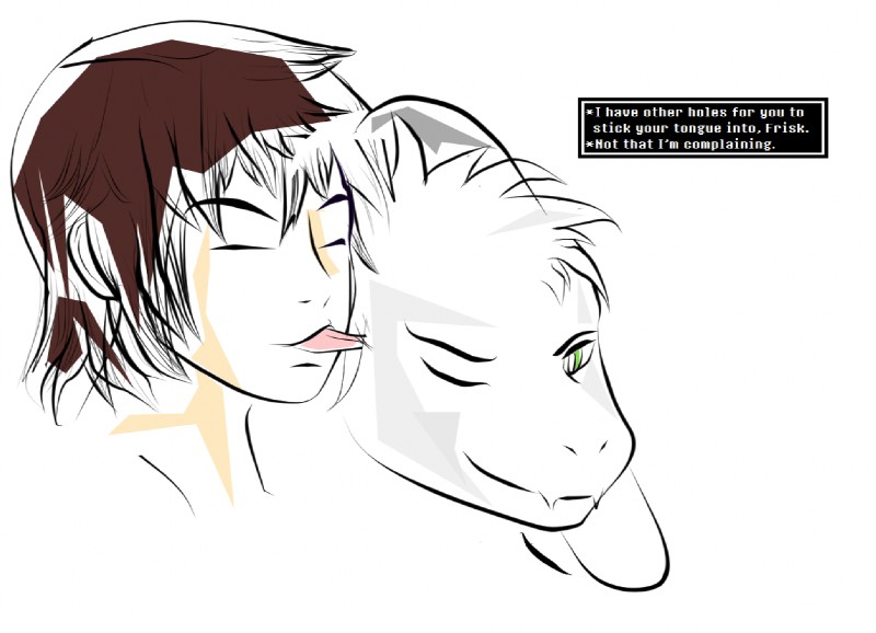 aged_up anthro brown_hair duo ear_lick fur hair horn licking male male/male simple_background text tongue tongue_out white_background white_body white_fur evelmanian undertale undertale_(series) asriel_dreemurr frisk_(undertale) boss_monster_(undertale) bovid caprine goat human mammal 2016 english_text sketch