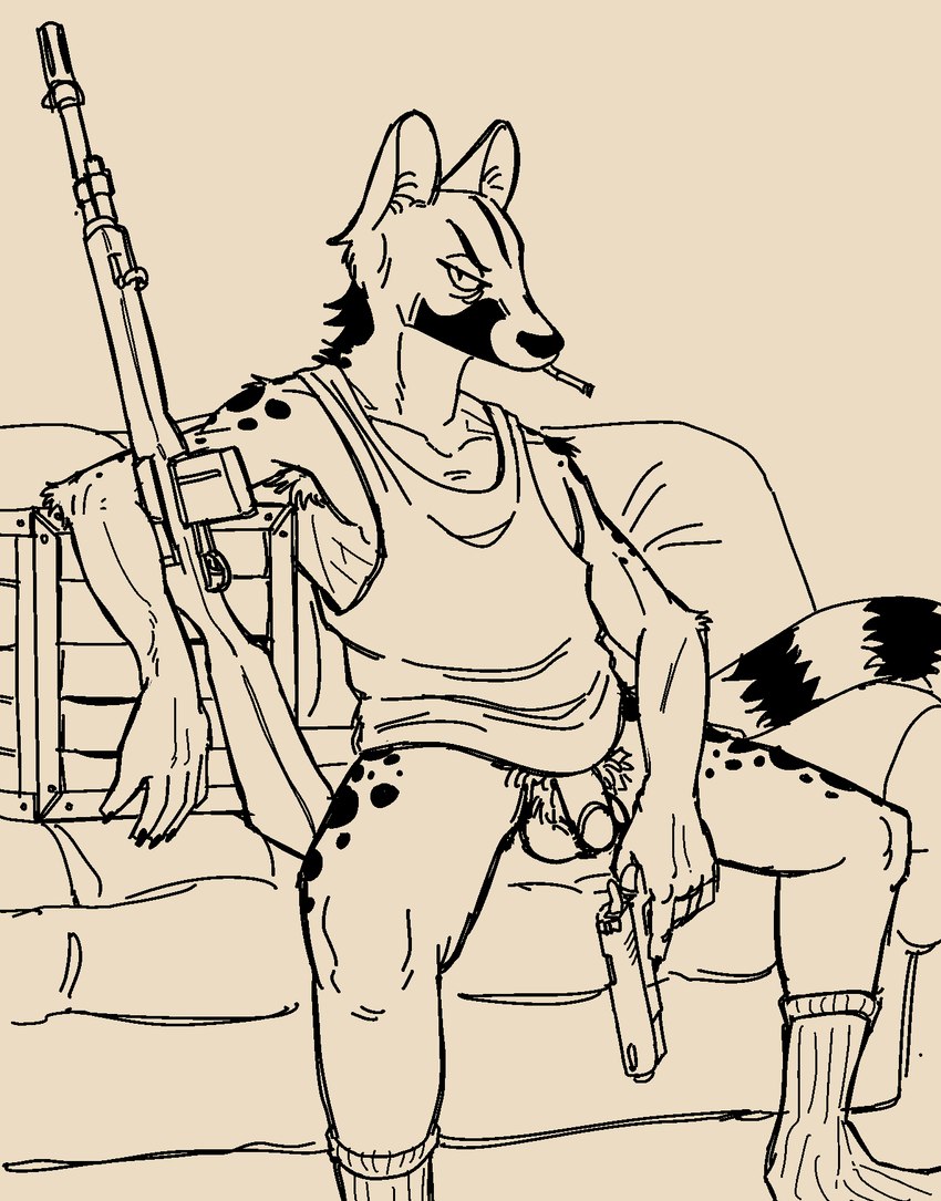 anthro armpit_hair balls body_hair bottomless bottomless_anthro bottomless_male cigarette cigarette_in_mouth clothed clothing flaccid footwear fur furniture genitals glans gun handgun holding_gun holding_handgun holding_object holding_pistol holding_ranged_weapon holding_weapon humanoid_genitalia humanoid_penis looking_at_viewer male object_in_mouth on_sofa penis pistol pubes ranged_weapon rifle shirt sitting sitting_on_sofa socks sofa solo tail tank_top topwear weapon ganii chuff_(ganii) genet mammal viverrid black_and_yellow hi_res monochrome