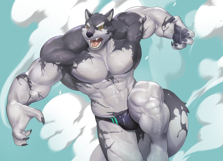 5_fingers abs anthro barazoku biceps big_muscles claws clothing fingers fur green_eyes grey_body grey_fur huge_muscles humanoid_hands male multicolored_body multicolored_fur muscular muscular_anthro muscular_male pawpads pecs red_sclera slime solo speedo swimwear vein veiny_muscles kusunagi lifewonders live_a_hero monomasa canid canine canis domestic_dog husky mammal nordic_sled_dog spitz absurd_res hi_res